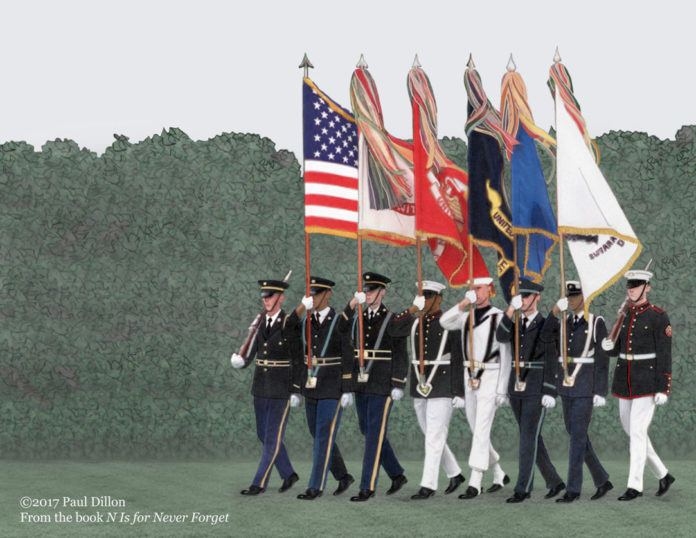 Veterans Day Parade illustration by Paul Dillon from the book N Is for Never Forget, published by Elva Resa